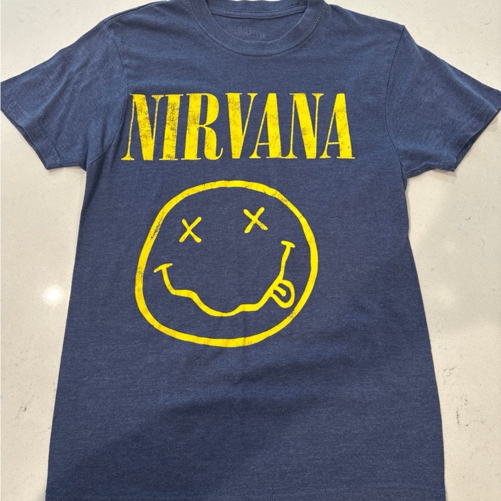 NIRVANA Blue Tee with Yellow Smiley Graphic
